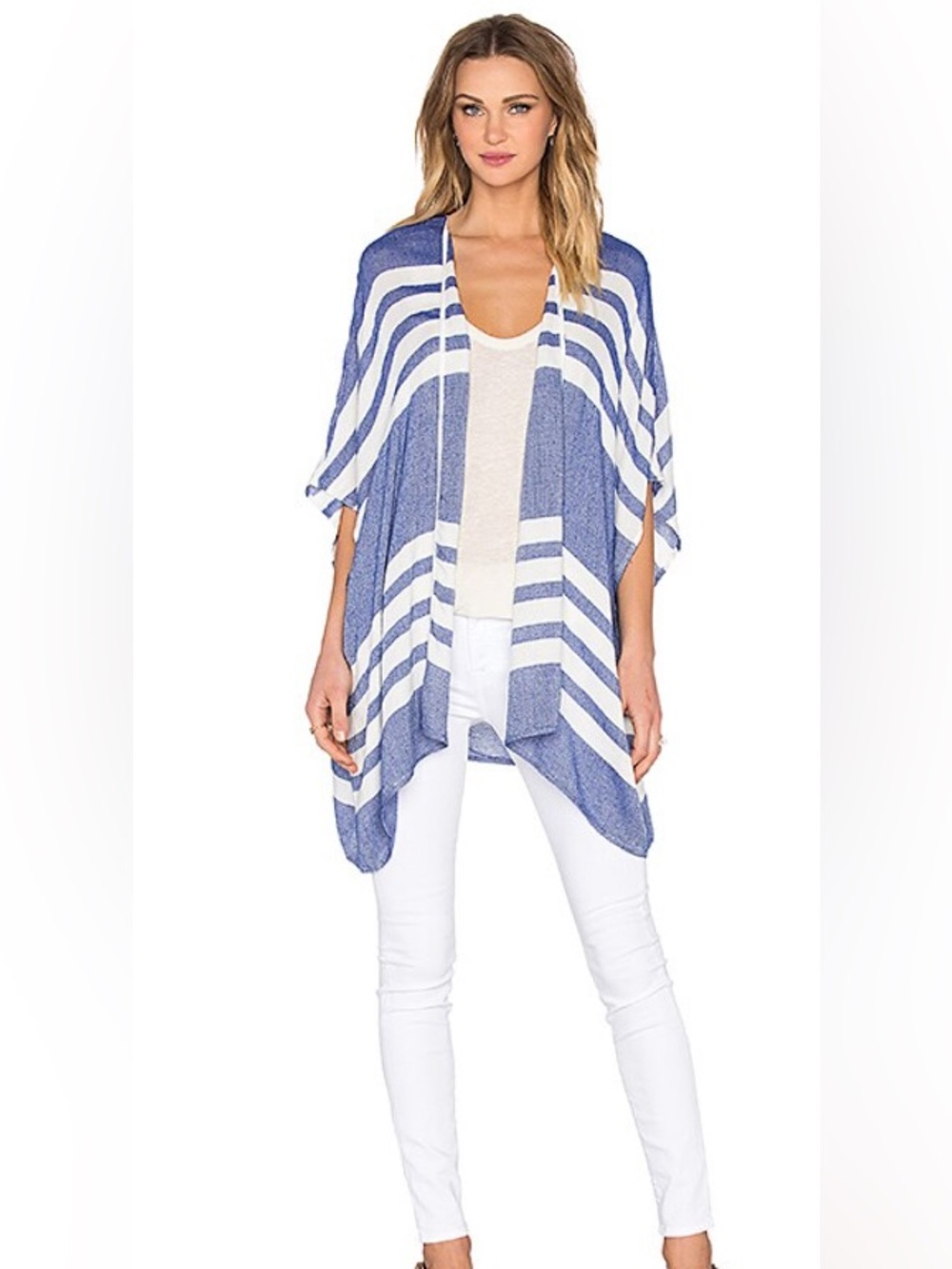Three Dots Rosa Cardigan in Surf Blue & White